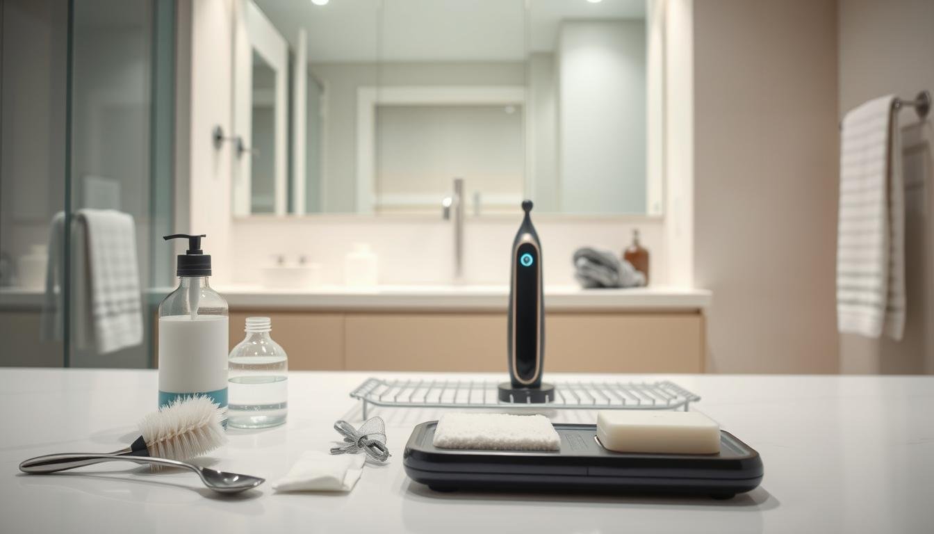 A clean and organized workspace featuring a modern electric male masturbation device cleaning kit, prominently displayed in the foreground. The kit includes various cleaning tools such as a soft brush, cleaning solution, and drying racks, all neatly arranged. In the middle ground, a sleek, high-tech electric device is shown, highlighting its advanced features with subtle glowing lights. The background reveals a well-lit, minimalist bathroom setting with polished surfaces and calming colors, suggesting a sense of hygiene and care. Use soft, diffused lighting to create a welcoming atmosphere, and shoot from a slightly elevated angle to capture all elements distinctly. The overall mood is professional and informative, suitable for demonstrating best practices in maintenance and care for personal devices.