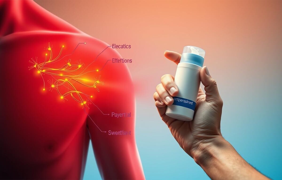 A dynamic scene illustrating the science behind sweat control methods, featuring a detailed diagram of the human armpit anatomy on the left, showcasing sweat glands and their functions. In the center, a hand applying a topical antiperspirant, depicted with vibrant colors to highlight its effectiveness. The background should include a gradient representing a cooling sensation, transitioning from warm to cool tones, symbolizing relief from sweating. Soft lighting illuminates the diagram and application scene, creating a professional and informative atmosphere. The image should evoke a sense of discovery and clarity, tailored to educate readers about the fundamental principles of sweat management.