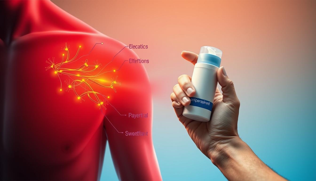 A dynamic scene illustrating the science behind sweat control methods, featuring a detailed diagram of the human armpit anatomy on the left, showcasing sweat glands and their functions. In the center, a hand applying a topical antiperspirant, depicted with vibrant colors to highlight its effectiveness. The background should include a gradient representing a cooling sensation, transitioning from warm to cool tones, symbolizing relief from sweating. Soft lighting illuminates the diagram and application scene, creating a professional and informative atmosphere. The image should evoke a sense of discovery and clarity, tailored to educate readers about the fundamental principles of sweat management.