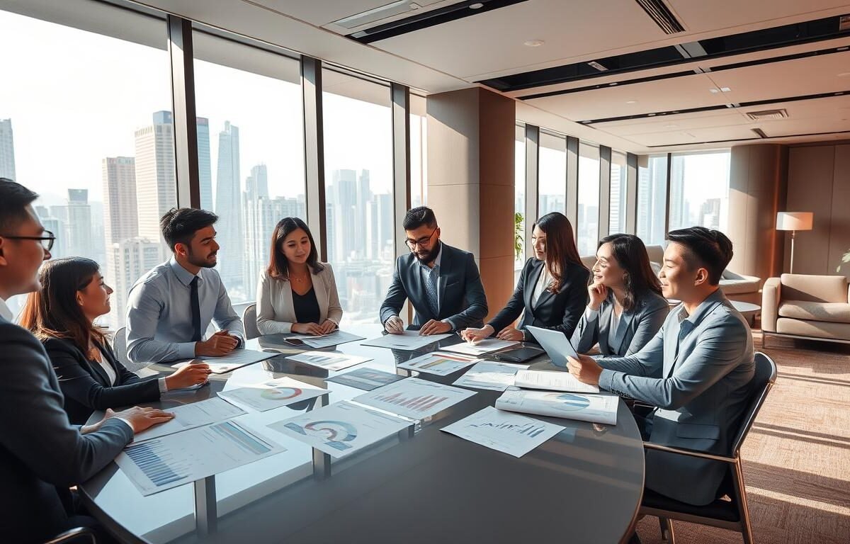 A modern office environment showcasing the cost-benefit analysis of serviced offices in Causeway Bay, Hong Kong. In the foreground, a diverse group of professionals in smart business attire discuss around a sleek conference table filled with financial charts and analytics reports. In the middle ground, large windows reveal a bustling cityscape with skyscrapers reflecting the afternoon sunlight. The background features a stylish lounge area with contemporary furniture, promoting a collaborative atmosphere. The lighting is bright and inviting, casting soft shadows that enhance the professional mood. A shallow depth of field focuses on the engaged expressions of the professionals, creating a dynamic and focused image on the theme of business efficiency and value.