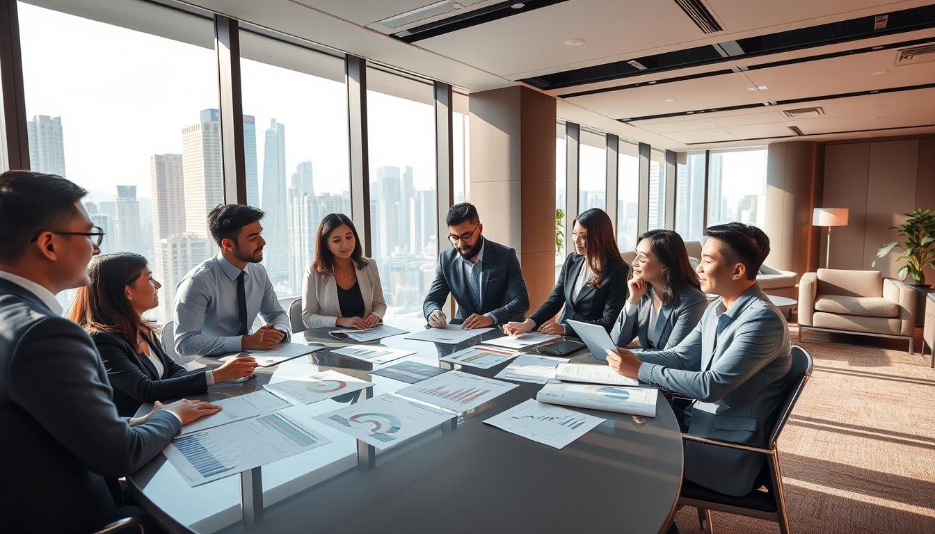 A modern office environment showcasing the cost-benefit analysis of serviced offices in Causeway Bay, Hong Kong. In the foreground, a diverse group of professionals in smart business attire discuss around a sleek conference table filled with financial charts and analytics reports. In the middle ground, large windows reveal a bustling cityscape with skyscrapers reflecting the afternoon sunlight. The background features a stylish lounge area with contemporary furniture, promoting a collaborative atmosphere. The lighting is bright and inviting, casting soft shadows that enhance the professional mood. A shallow depth of field focuses on the engaged expressions of the professionals, creating a dynamic and focused image on the theme of business efficiency and value.