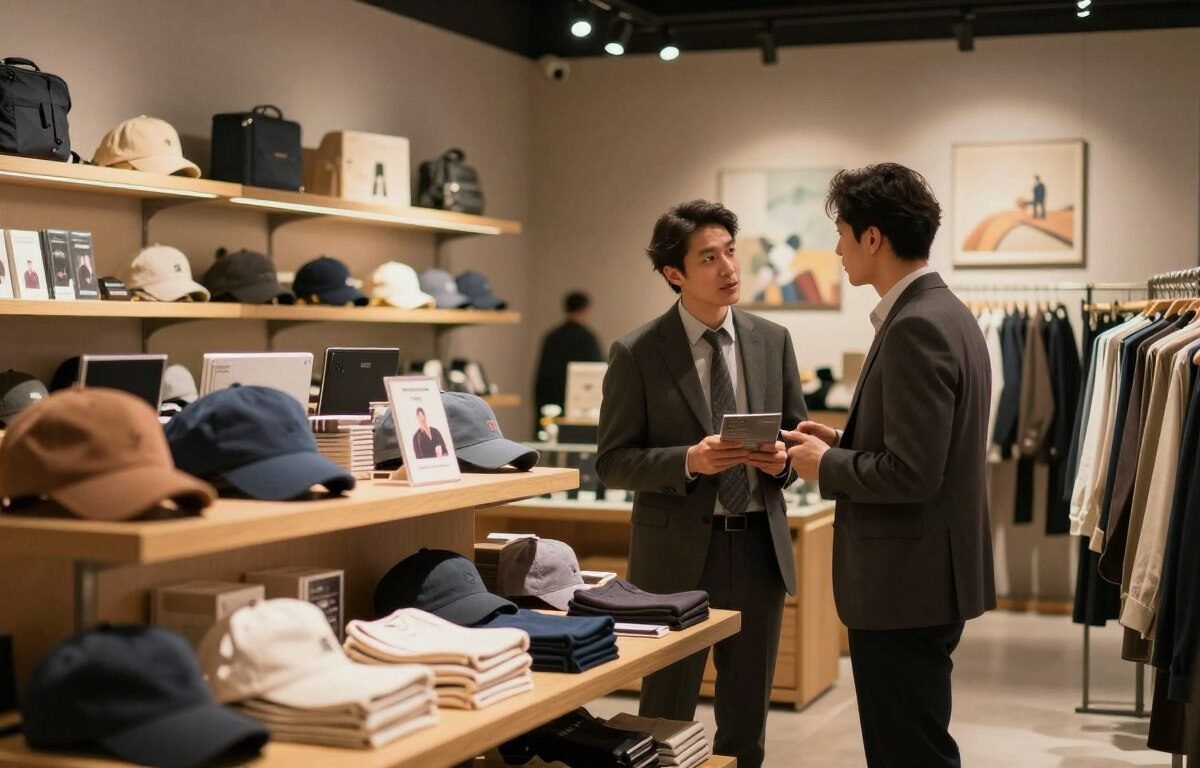 A modern retail space showcasing a diverse range of adult products specifically designed for men, reflecting the growing market demand and potential for development. In the foreground, there are elegantly arranged shelves displaying various unique items, with warm lighting enhancing their features. The middle ground features a stylish couple in professional attire, engaged in conversation as they browse the products. The background includes a softly lit ambiance with subtle artwork on the walls, suggesting an inviting atmosphere. The scene captures a cozy and intimate vibe, highlighting the impressive growth potential of this market. The image composition should have a cinematic feel, using a 4:3 aspect ratio that emphasizes the engaging environment while maintaining a professional outlook.