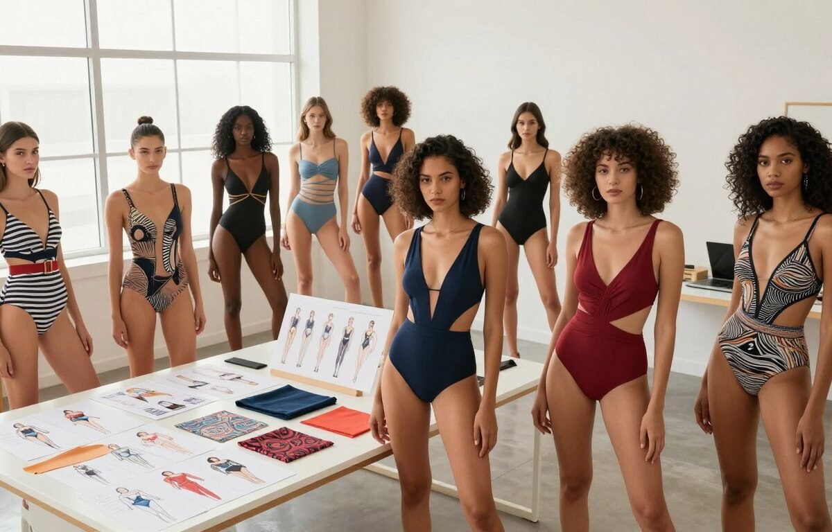 A stylish collection of women's swimwear designs showcased in a bright, modern fashion studio. In the foreground, a diverse group of female models of different ethnicities pose confidently in elegant swimsuits that blend fashion and function, incorporating bold colors, intricate patterns, and innovative materials. The middle ground features fashion sketches and fabric swatches displayed on sleek tables, illustrating the creative process behind the designs. In the background, large windows let in soft, natural light, enhancing the chic atmosphere, while trendy decor adds to the contemporary vibe. The mood is inspirational and sophisticated, reflecting current trends in swimwear that emphasize both style and practicality. The image has a dynamic composition, captured from a slightly elevated angle to highlight the models and designs effectively.