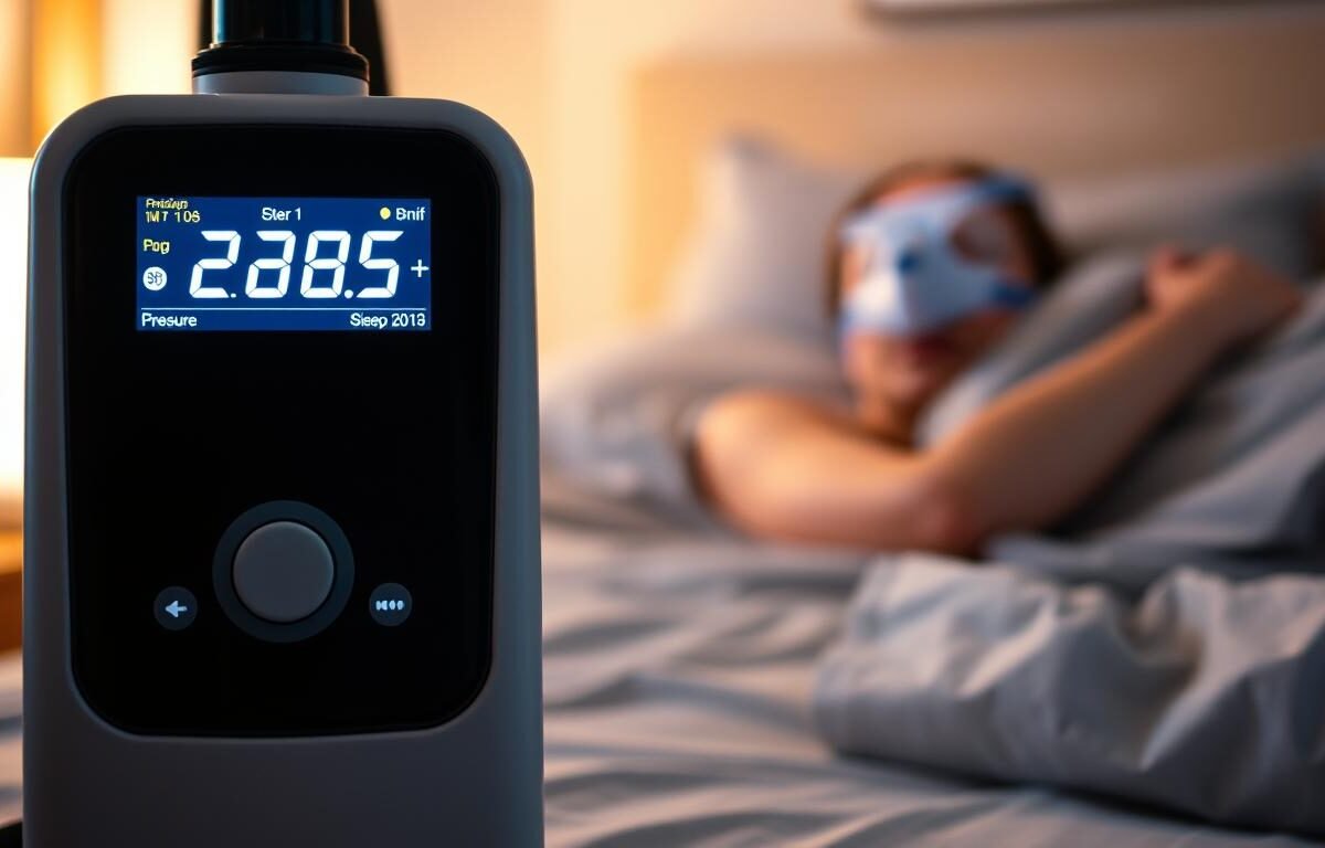 A close-up view of a modern sleep apnea machine, displaying pressure settings on an illuminated digital screen, emphasizing precision and technology. The foreground features the machine with its pressure display clearly visible. In the middle, include a soft-focus image of a person sleeping peacefully on a bed, wearing a sleep mask connected to the device, dressed in modest sleepwear to convey comfort. The background should depict a serene bedroom setting, softly lit with warm lighting to create a calming atmosphere. Use a shallow depth of field to draw attention to the machine while maintaining a tranquil and professional mood, ideal for illustrating the topic of respiratory health.