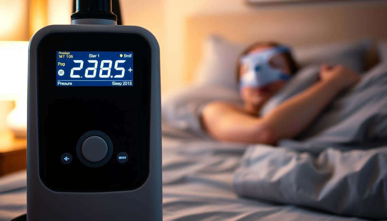 A close-up view of a modern sleep apnea machine, displaying pressure settings on an illuminated digital screen, emphasizing precision and technology. The foreground features the machine with its pressure display clearly visible. In the middle, include a soft-focus image of a person sleeping peacefully on a bed, wearing a sleep mask connected to the device, dressed in modest sleepwear to convey comfort. The background should depict a serene bedroom setting, softly lit with warm lighting to create a calming atmosphere. Use a shallow depth of field to draw attention to the machine while maintaining a tranquil and professional mood, ideal for illustrating the topic of respiratory health.