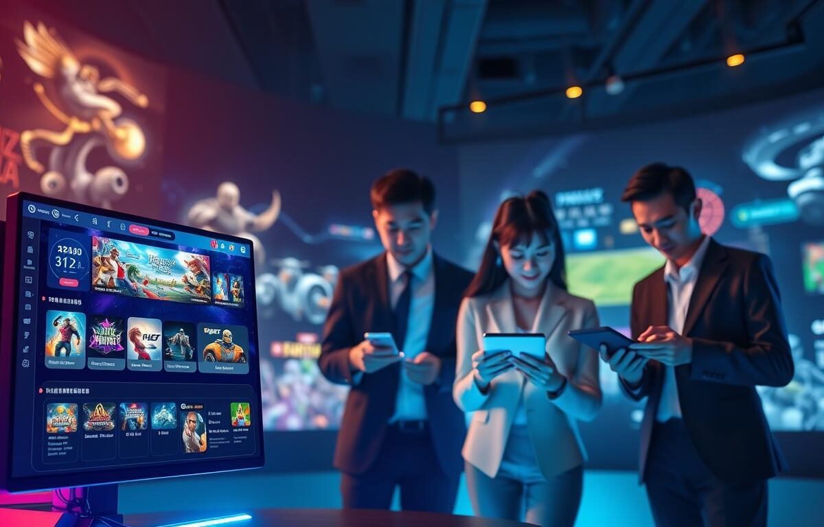 A modern gaming platform interface showcasing the features of "3A娛樂城". In the foreground, display a sleek, interactive dashboard with vibrant graphics and game selections, illuminated by dynamic lighting that creates a high-tech atmosphere. In the middle, depict a diverse group of four users, a mix of ages and ethnicities, engaged with the platform on various devices, dressed in professional business attire. The background features a virtual landscape highlighting different gaming genres, such as fantasy, sports, and simulations, with subtle animations and glowing elements to suggest interactivity. The overall mood should feel inviting and innovative, emphasizing the excitement and quality of digital leisure experiences. Use soft-focus techniques to create depth, with a slight tilt angle for a dynamic perspective.