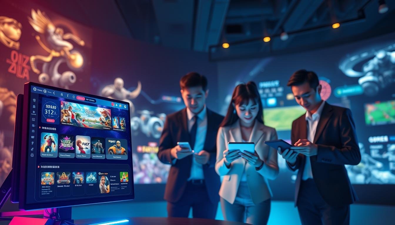 A modern gaming platform interface showcasing the features of "3A娛樂城". In the foreground, display a sleek, interactive dashboard with vibrant graphics and game selections, illuminated by dynamic lighting that creates a high-tech atmosphere. In the middle, depict a diverse group of four users, a mix of ages and ethnicities, engaged with the platform on various devices, dressed in professional business attire. The background features a virtual landscape highlighting different gaming genres, such as fantasy, sports, and simulations, with subtle animations and glowing elements to suggest interactivity. The overall mood should feel inviting and innovative, emphasizing the excitement and quality of digital leisure experiences. Use soft-focus techniques to create depth, with a slight tilt angle for a dynamic perspective.