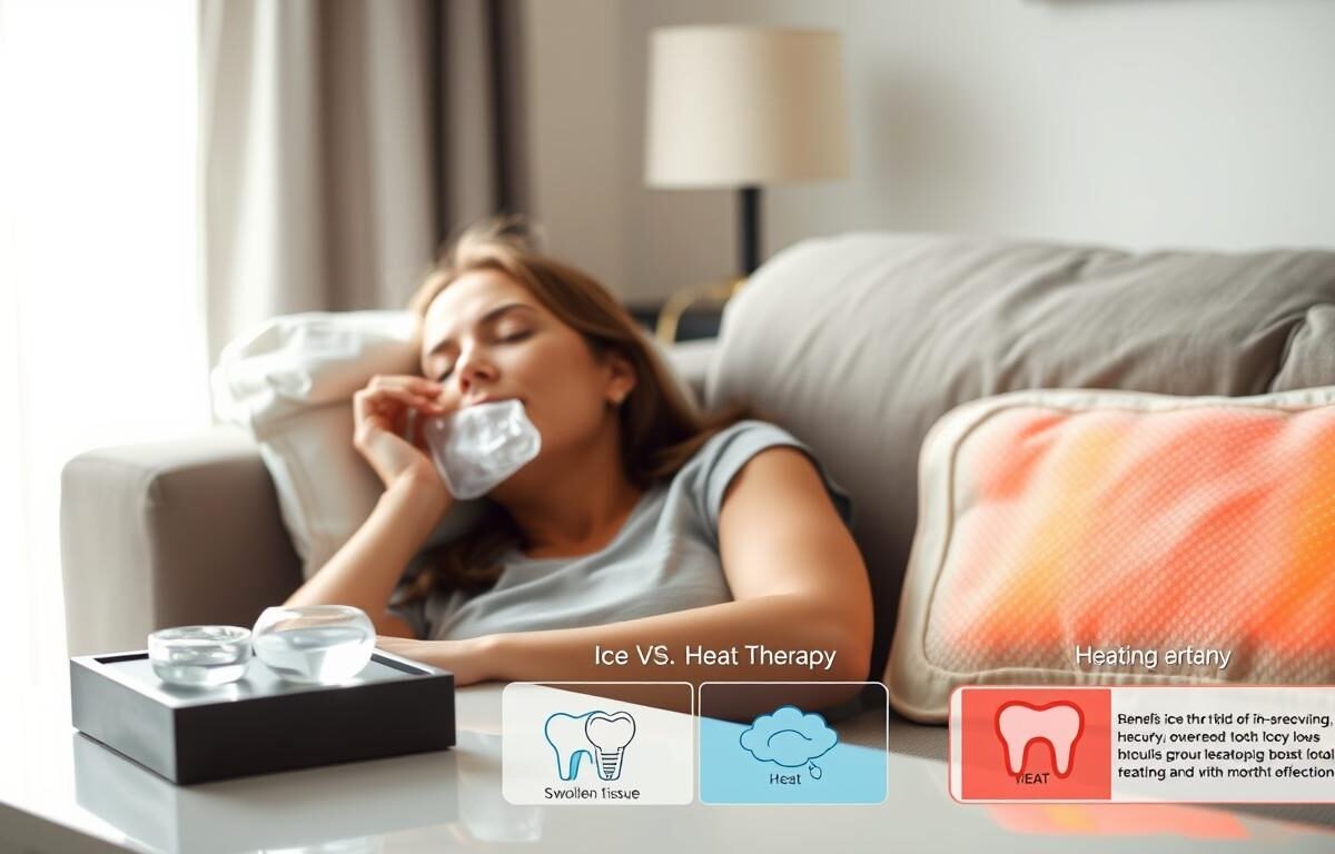 A serene and informative scene depicting the effects of ice and heat therapy on post-operative recovery after wisdom tooth extraction. In the foreground, a patient comfortably resting on a couch, their face displaying a relaxed expression, one hand holding a soft ice pack against their cheek, while a warm heating pad is placed on the adjacent side. The middle ground shows a table beside them with visual aids, like diagrams of swollen tissue and benefits of ice vs. heat therapy. The background features a softly lit room with calming colors, emphasizing a peaceful atmosphere. Natural light streams through a window, creating a welcoming ambiance. The composition is balanced, focusing on healing and recovery, encouraging proper post-surgery self-care practices.