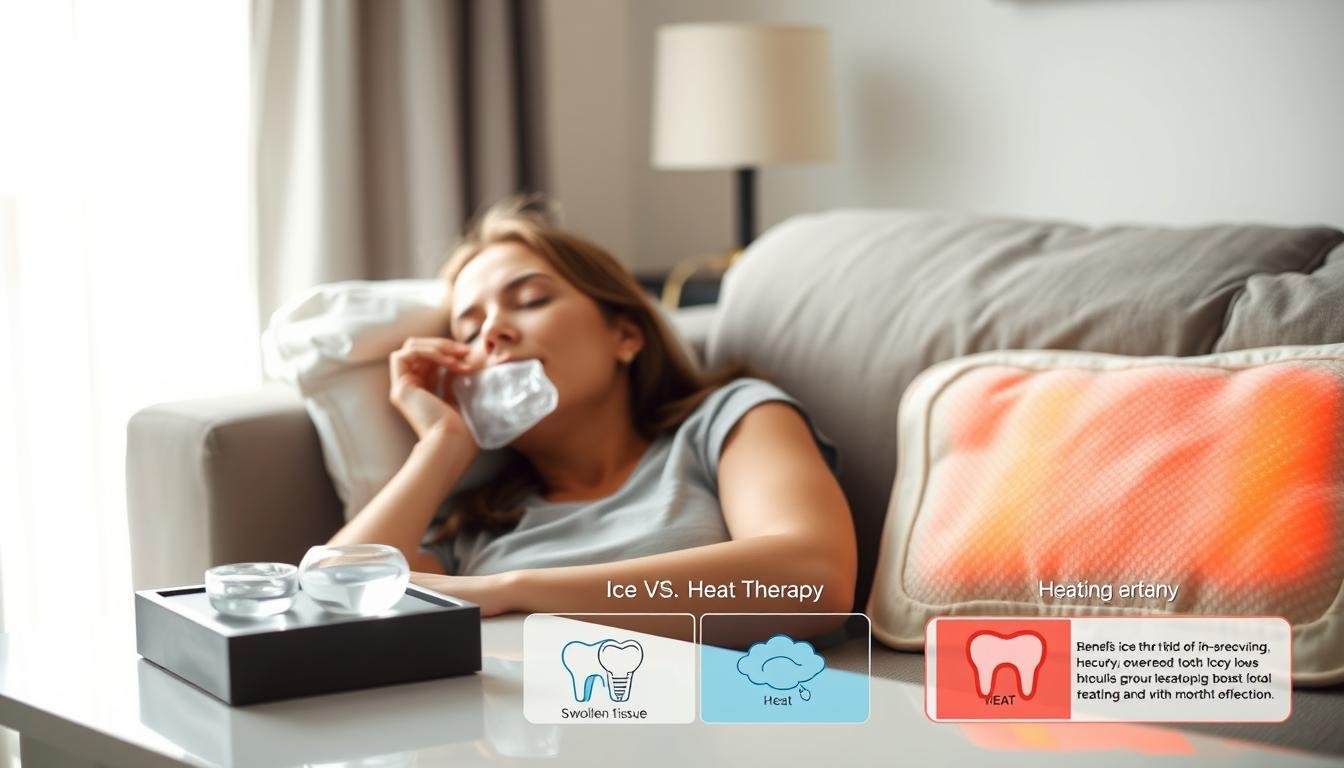 A serene and informative scene depicting the effects of ice and heat therapy on post-operative recovery after wisdom tooth extraction. In the foreground, a patient comfortably resting on a couch, their face displaying a relaxed expression, one hand holding a soft ice pack against their cheek, while a warm heating pad is placed on the adjacent side. The middle ground shows a table beside them with visual aids, like diagrams of swollen tissue and benefits of ice vs. heat therapy. The background features a softly lit room with calming colors, emphasizing a peaceful atmosphere. Natural light streams through a window, creating a welcoming ambiance. The composition is balanced, focusing on healing and recovery, encouraging proper post-surgery self-care practices.