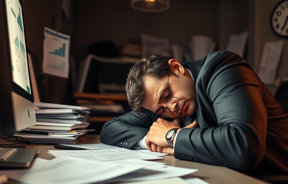 A tired office worker, dressed in professional business attire, slumped over a desk in a cluttered workspace. The foreground shows the worker with a weary expression, indicating exhaustion and the effects of snoring. The middle ground features a computer screen displaying documents and charts, light from the screen casting a soft glow. In the background, a dimly lit office space with scattered papers and a blurred clock showing the passing time reinforces the theme of fatigue. The lighting is warm yet subdued, creating a somber atmosphere, while the angle captures a slight overhead view, emphasizing the worker's fatigue and disarray. The mood conveys the struggle between professionalism and the toll of exhaustion, underscoring the relationship between snoring and daytime fatigue.