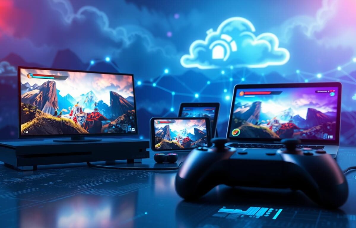 A visually compelling image illustrating the application of cloud technology in AAA games across multiple platforms. In the foreground, a sleek gaming console connected to a vibrant display showing a rich, immersive game scene. The middle ground features a variety of devices like a tablet, smartphone, and laptop, all displaying synchronized game progress. In the background, visual elements depict a digital landscape, emphasizing cloud networks with ethereal data streams glowing in shades of blue and purple, symbolizing connectivity. The scene is bathed in dynamic, ambient lighting that adds a futuristic feel, with a slight lens flare to enhance the technology aspect. The overall atmosphere should evoke innovation and collaboration in the gaming world, showcasing how AAA games like "3A" harness the power of cloud technology for seamless gameplay experiences.
