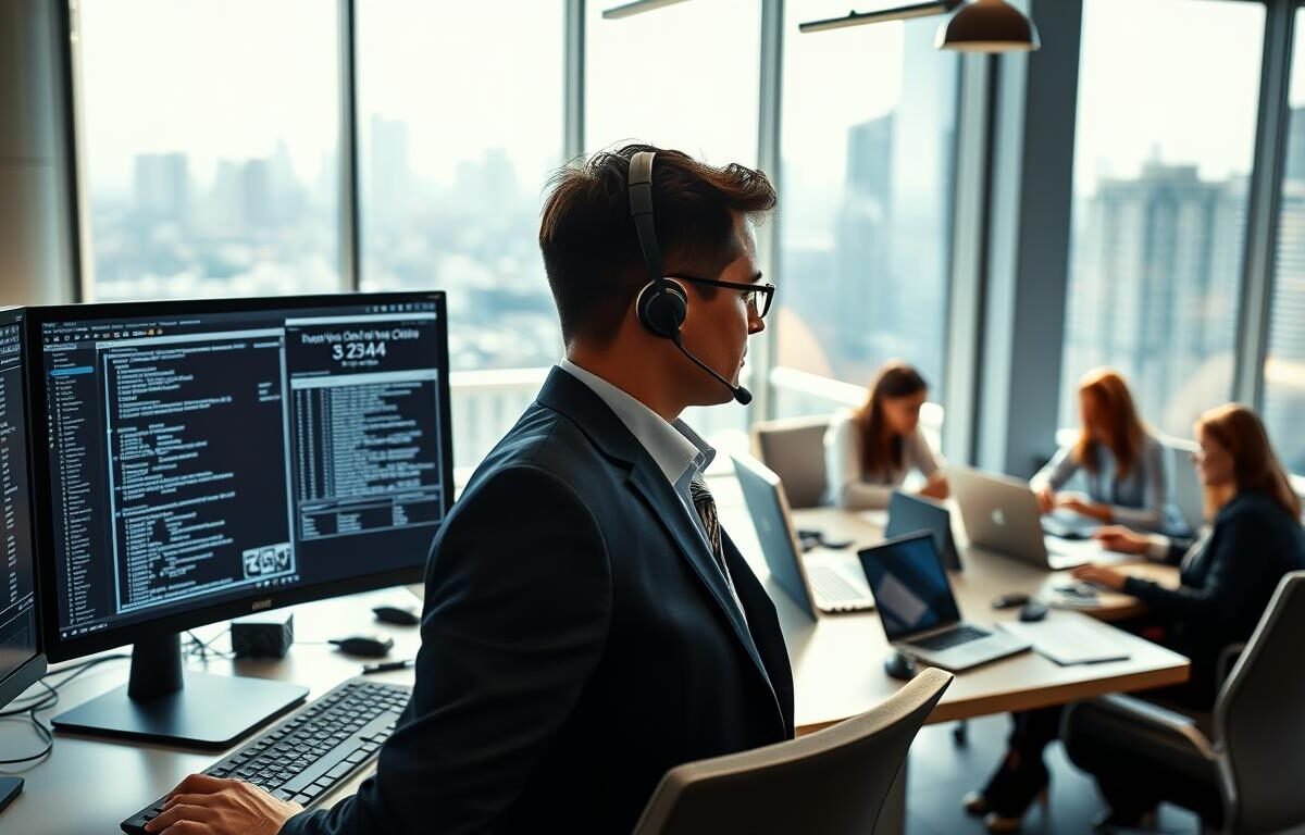 A busy customer service center focused on resolving network connectivity issues for clients. In the foreground, a professional customer service representative, dressed in business attire, is sitting at a dual-monitor workstation, analyzing detailed backend log records on the screens. The middle layer features a diverse team of agents collaborating around a conference table with laptops and papers, focusing on critical discussions about customer inquiries. In the background, there are large windows showing a bustling cityscape with soft sunlight filtering through, creating a warm and professional atmosphere. The overall mood is focused and dedicated, emphasizing teamwork and attention to detail in managing customer complaints. Tech-focused lighting illuminates the workspace, highlighting the seriousness of the task at hand while maintaining a productive ambiance.