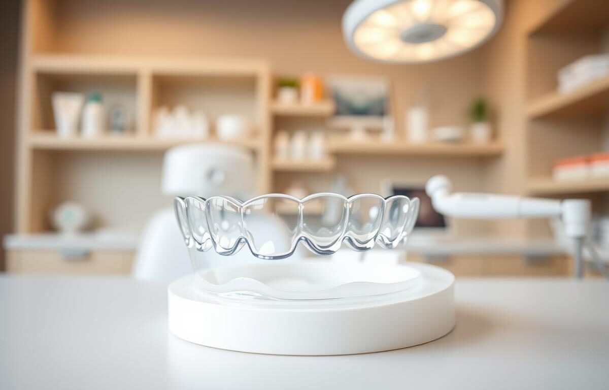 A close-up of a clear Invisalign aligner positioned on a neutral background, showcasing its transparency and flexibility. In the foreground, the aligner is seamlessly placed over a stylized dental model, emphasizing its snug fit and comfort. The middle layer features a realistic representation of a dental clinic environment, with soft, natural lighting that creates a warm and inviting atmosphere. In the background, blurred shelves of dental tools and products signify a professional healthcare setting. The image evokes a sense of confidence and ease, highlighting the modern approach to orthodontics with Invisalign compared to traditional braces. The angle captures the aligner in a way that accentuates its clarity and innovative design, appealing to patients seeking a discreet and effective dental solution.