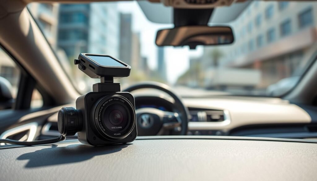 A detailed and sleek automotive dashcam situated on a modern car's dashboard, highlighting its design and advanced features. In the foreground, the dashcam is prominently displayed, showcasing its lens and sensors with intricate details. The middle ground features a clean and organized dashboard, including a steering wheel and control panel, all designed in a contemporary style. In the background, an outdoor scene through the windshield captures a blurred view of city streets, enhancing the sense of motion. The lighting is bright yet soft, reflecting the natural daylight filtering into the car. The overall atmosphere conveys a mix of technology and safety, emphasizing the functionality of the dashcam in monitoring and recording driving conditions without distractions. A detailed and sleek automotive dashcam situated on a modern car's dashboard, highlighting its design and advanced features. In the foreground, the dashcam is prominently displayed, showcasing its lens and sensors with intricate details. The middle ground features a clean and organized dashboard, including a steering wheel and control panel, all designed in a contemporary style. In the background, an outdoor scene through the windshield captures a blurred view of city streets, enhancing the sense of motion. The lighting is bright yet soft, reflecting the natural daylight filtering into the car. The overall atmosphere conveys a mix of technology and safety, emphasizing the functionality of the dashcam in monitoring and recording driving conditions without distractions.