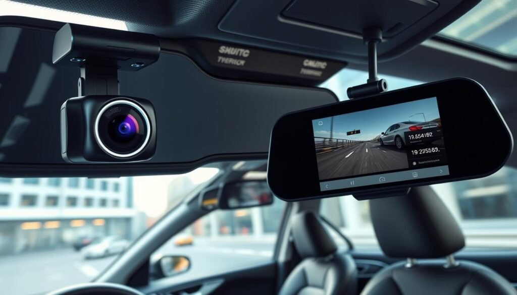 A high-tech combination of a car dashcam and an electronic rearview mirror, prominently displayed in the foreground. The dashcam features sleek, modern design elements with a clear lens and LED indicators. The rearview mirror is seamlessly integrated, showcasing a digital display that highlights video footage and real-time data. In the middle ground, the interior of a stylish car cabin is visible, with leather seats and an advanced infotainment system. The background features a blurred urban landscape passing by outside the car windows, emphasizing movement. Soft, natural lighting filters through the windows, creating a dynamic and innovative atmosphere. The angle is slightly from above, capturing the integration of technology in contemporary vehicle design without any overlays or text. A high-tech combination of a car dashcam and an electronic rearview mirror, prominently displayed in the foreground. The dashcam features sleek, modern design elements with a clear lens and LED indicators. The rearview mirror is seamlessly integrated, showcasing a digital display that highlights video footage and real-time data. In the middle ground, the interior of a stylish car cabin is visible, with leather seats and an advanced infotainment system. The background features a blurred urban landscape passing by outside the car windows, emphasizing movement. Soft, natural lighting filters through the windows, creating a dynamic and innovative atmosphere. The angle is slightly from above, capturing the integration of technology in contemporary vehicle design without any overlays or text.
