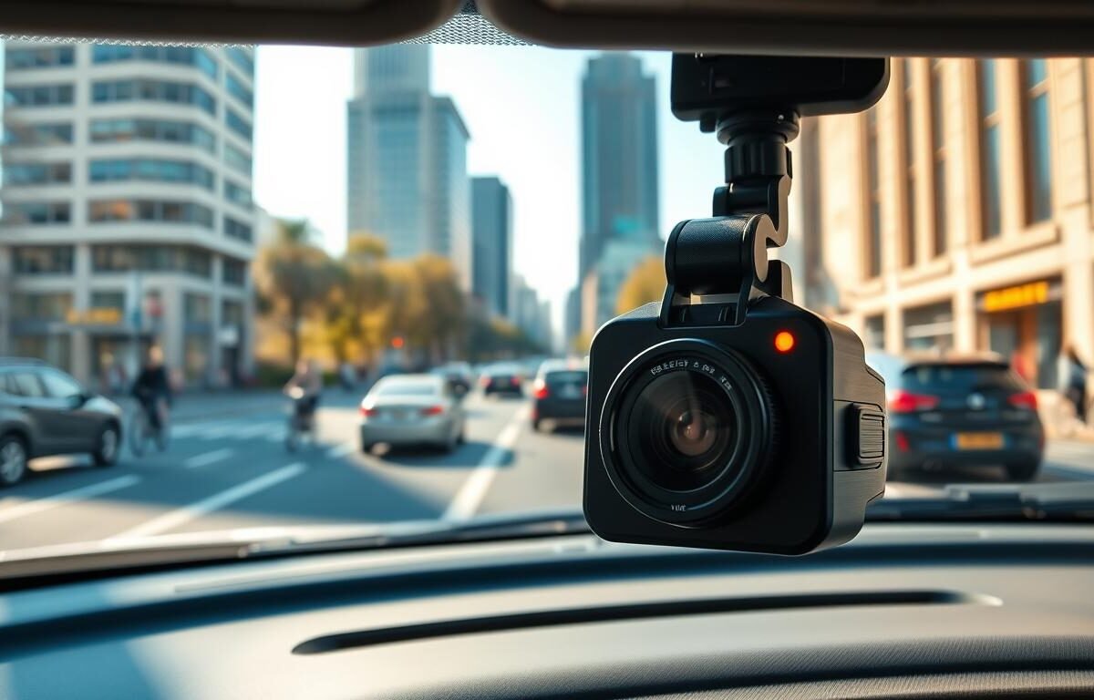 A modern car dashboard featuring a high-definition dashcam, prominently displaying the lens capturing an urban scene with moving vehicles and pedestrians. The foreground focuses on the dashcam, with its sleek design and an illuminated recording indicator. In the middle ground, the busy city street is alive with action — cars driving by, cyclists, and pedestrians, all blurred with motion to reflect the time-lapse effect. The background showcases tall buildings and a clear blue sky, under warm afternoon sunlight that casts soft shadows, creating a vibrant atmosphere. The image conveys technological advancement and efficiency, highlighting the dashcam's time-lapse recording feature. The composition should be slightly angled to create an immersive experience, with high clarity and vivid colors, inviting the viewer to appreciate the advantages of this innovative technology.