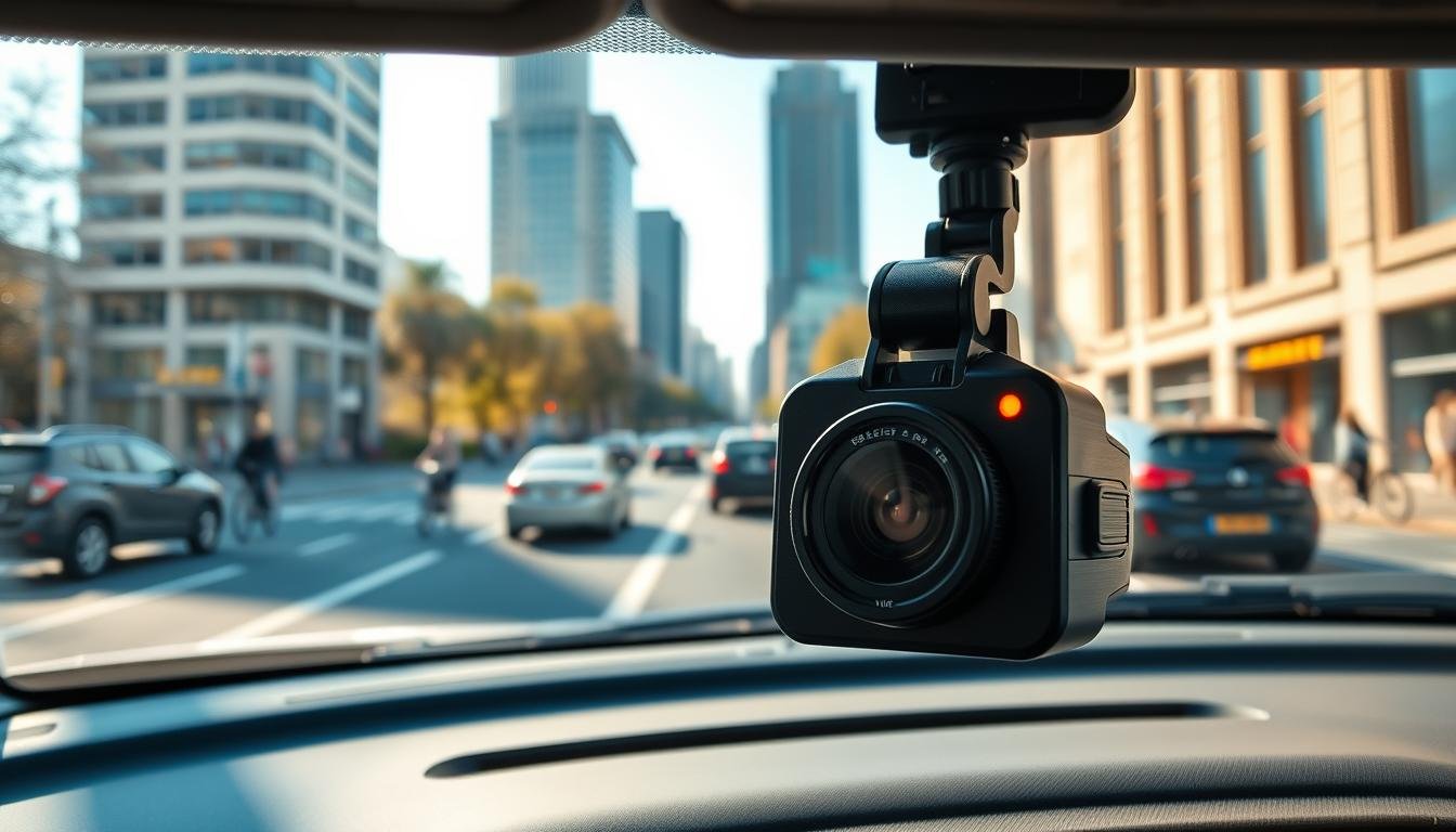 A modern car dashboard featuring a high-definition dashcam, prominently displaying the lens capturing an urban scene with moving vehicles and pedestrians. The foreground focuses on the dashcam, with its sleek design and an illuminated recording indicator. In the middle ground, the busy city street is alive with action — cars driving by, cyclists, and pedestrians, all blurred with motion to reflect the time-lapse effect. The background showcases tall buildings and a clear blue sky, under warm afternoon sunlight that casts soft shadows, creating a vibrant atmosphere. The image conveys technological advancement and efficiency, highlighting the dashcam's time-lapse recording feature. The composition should be slightly angled to create an immersive experience, with high clarity and vivid colors, inviting the viewer to appreciate the advantages of this innovative technology.