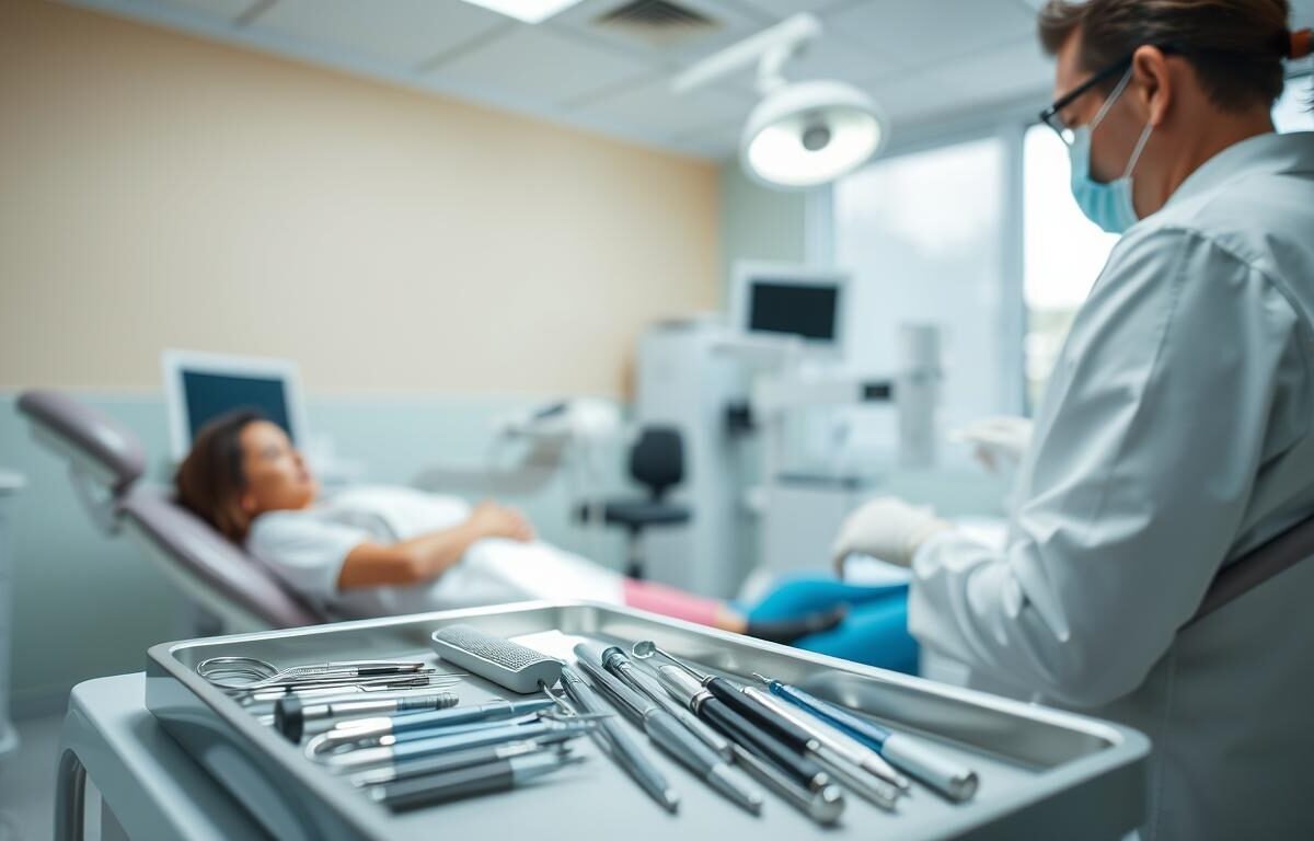 A professional dentist in a well-lit dental clinic, performing a detailed examination of a patient in a dental chair. The foreground features the dentist, wearing a white coat, gloves, and a mask, focused on their work. In the middle ground, various dental tools and equipment are organized neatly on a tray, signifying a clinical but welcoming environment. The background reveals soft colors on the walls and a large window providing natural light, enhancing the clean and serene atmosphere. The dentist's consultation area is visible, suggesting a safe, reassuring space during a medical emergency. The mood is calm and professional, emphasizing the importance of efficient care in dental emergencies without any extraneous elements or text.