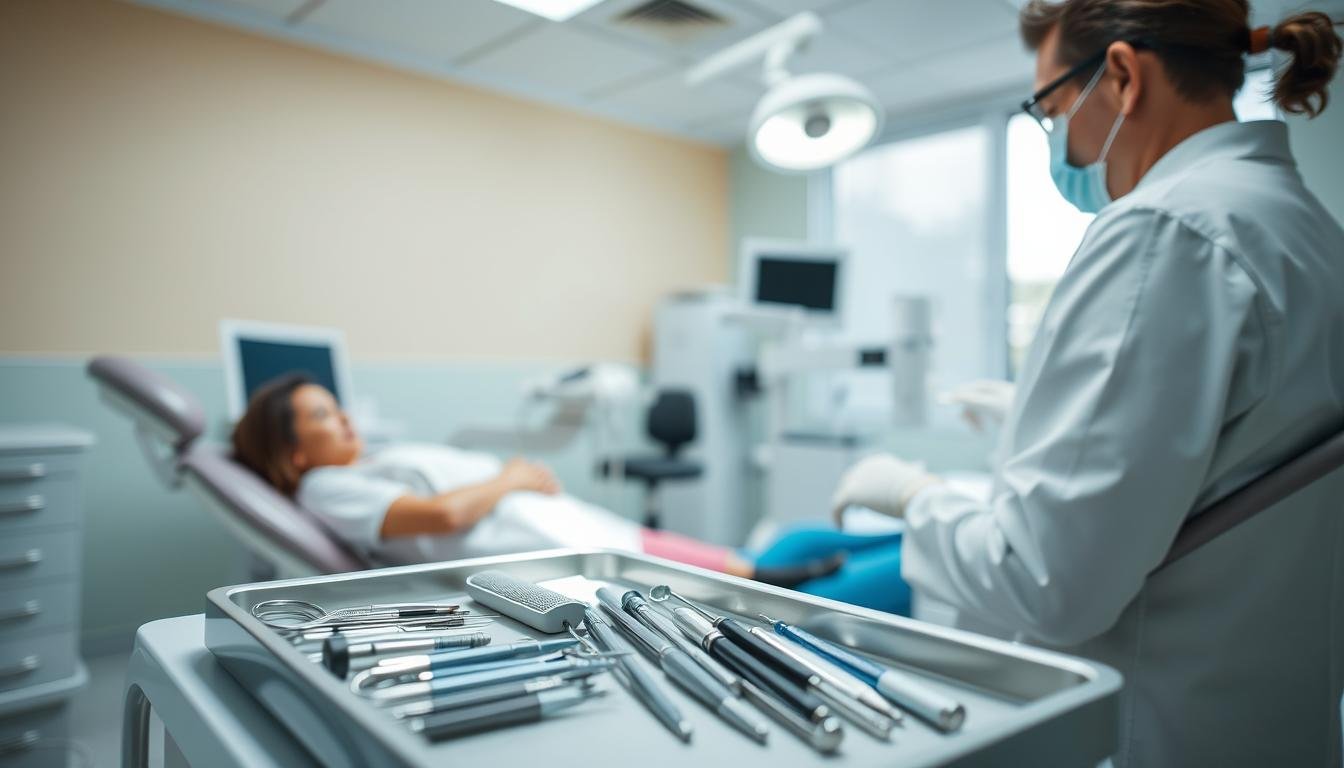 A professional dentist in a well-lit dental clinic, performing a detailed examination of a patient in a dental chair. The foreground features the dentist, wearing a white coat, gloves, and a mask, focused on their work. In the middle ground, various dental tools and equipment are organized neatly on a tray, signifying a clinical but welcoming environment. The background reveals soft colors on the walls and a large window providing natural light, enhancing the clean and serene atmosphere. The dentist's consultation area is visible, suggesting a safe, reassuring space during a medical emergency. The mood is calm and professional, emphasizing the importance of efficient care in dental emergencies without any extraneous elements or text.