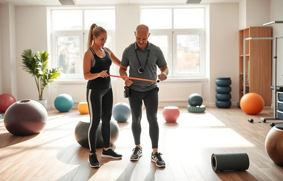 A professional physiotherapist demonstrates knee meniscus exercises in a bright, clean rehabilitation clinic. In the foreground, the therapist, wearing a smart sports outfit, is guiding a patient in a modest athletic outfit, performing a knee strengthening exercise using resistance bands. The middle ground features a variety of exercise equipment, like stability balls and foam rollers, promoting a dynamic rehab environment. In the background, large windows allow natural light to flood the space, creating an uplifting atmosphere. The image captures a sense of focus and determination, emphasizing the importance of targeted rehab protocols for knee health. The composition should have a shallow depth of field to highlight the subjects while keeping the environment slightly blurred, accentuating the intimacy of the rehab process.