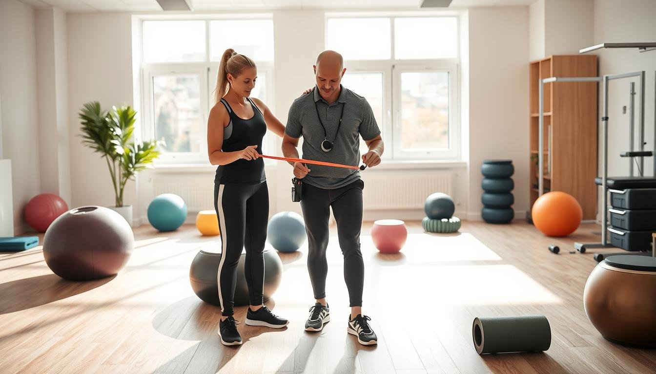 A professional physiotherapist demonstrates knee meniscus exercises in a bright, clean rehabilitation clinic. In the foreground, the therapist, wearing a smart sports outfit, is guiding a patient in a modest athletic outfit, performing a knee strengthening exercise using resistance bands. The middle ground features a variety of exercise equipment, like stability balls and foam rollers, promoting a dynamic rehab environment. In the background, large windows allow natural light to flood the space, creating an uplifting atmosphere. The image captures a sense of focus and determination, emphasizing the importance of targeted rehab protocols for knee health. The composition should have a shallow depth of field to highlight the subjects while keeping the environment slightly blurred, accentuating the intimacy of the rehab process.
