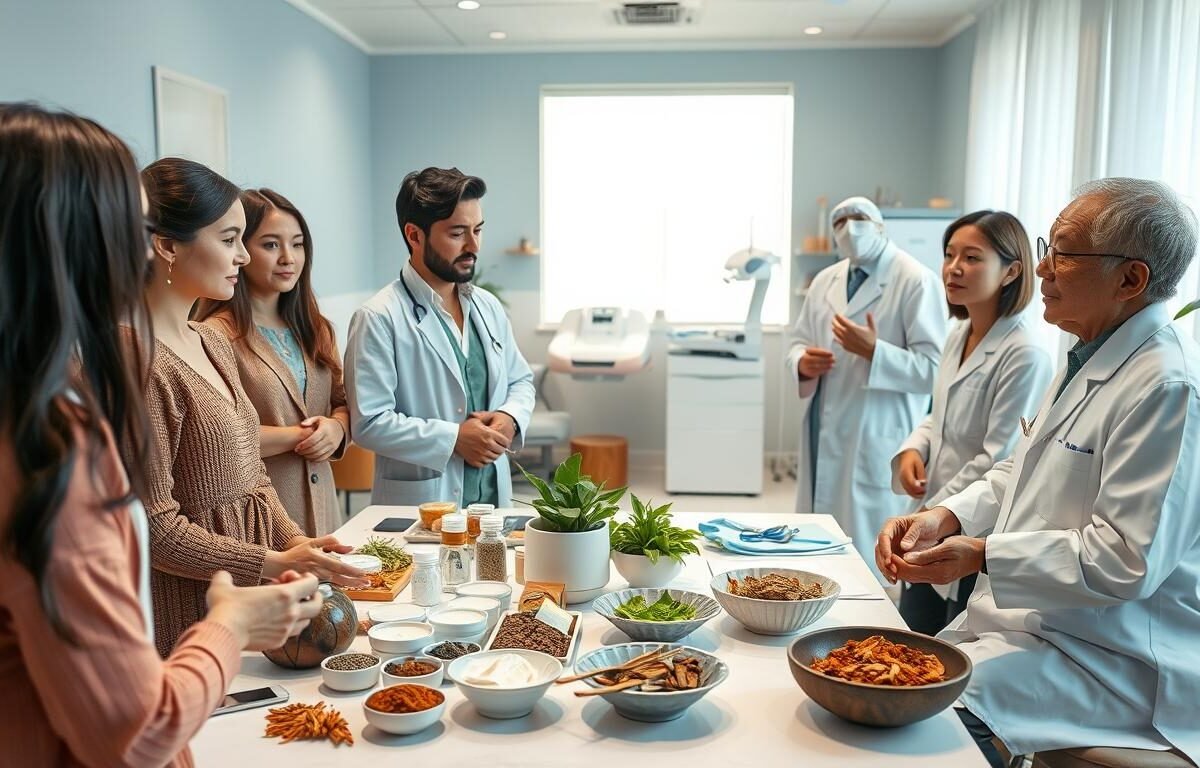 A serene and informative setting showcasing various eczema treatment methods. In the foreground, a diverse group of individuals in professional attire, including a dermatologist and a traditional Chinese medicine practitioner, engaging in discussion with patients. Each practitioner demonstrates treatment options, such as topical creams, herbal remedies, and lifestyle advice on a clean, well-organized table filled with medical supplies and herbal ingredients. In the middle, a bright, well-lit examination room with modern medical equipment and cozy elements, evoking a blend of Eastern and Western practices. The background features calming hues of blue and green, symbolizing healing and nature, with soft natural light filtering through a window, creating a peaceful atmosphere.