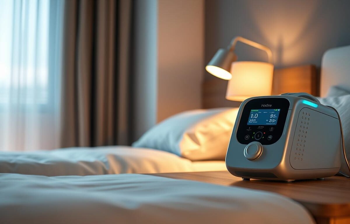 A well-designed sleep apnea machine sits on a bedside table, glistening under soft ambient lighting that creates a serene atmosphere. The machine features sleek lines and a user-friendly display, showcasing its modern technology. In the foreground, a comfortable, well-arranged bedroom can be seen, with a neatly made bed featuring cozy pillows and a light blanket. A nightstand lamp emits a warm glow, enhancing the peaceful mood of the scene. In the background, a calming view of a window reveals soft curtains gently swaying with a hint of night breeze. The overall composition emphasizes relaxation and health, illustrating the connection between the device and improved sleep. The shot is taken from a slightly elevated angle, creating an inviting yet professional atmosphere, perfect for highlighting the topic of sleep apnea treatment.