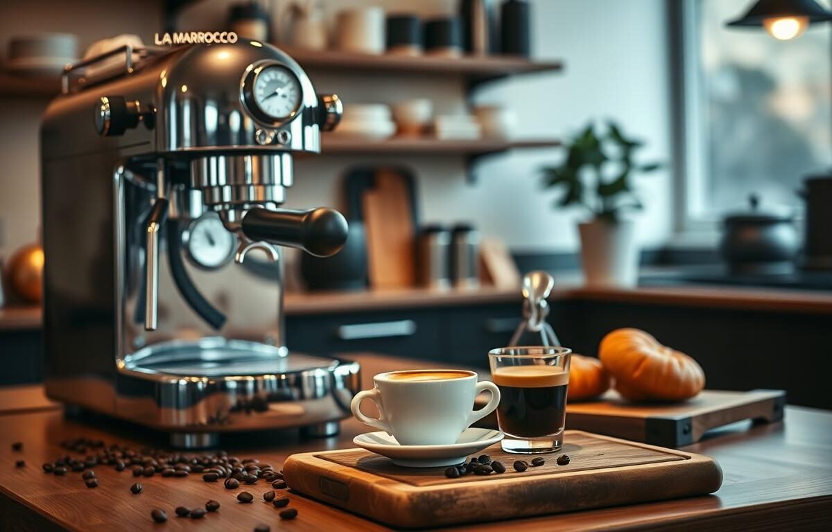 A beautifully crafted La Marzocco espresso machine displayed prominently in a sophisticated kitchen setting. In the foreground, the shiny chrome finish of the coffee machine reflects soft, ambient lighting, highlighting its elegant design. A steaming cup of freshly brewed espresso with a rich crema sits artfully on a wooden countertop, surrounded by coffee beans, a small milk frother, and a delicate porcelain cup. In the middle ground, fresh pastries are arranged on a rustic wooden board, adding warmth to the scene. The background features soft-focus kitchen elements: shelves with coffee accessories, a potted plant for a touch of greenery, and a subtle hint of a well-lit window, creating an inviting and cozy atmosphere. The image conveys a sense of quality, artisan craftsmanship, and the delightful experience of exceptional coffee flavor.