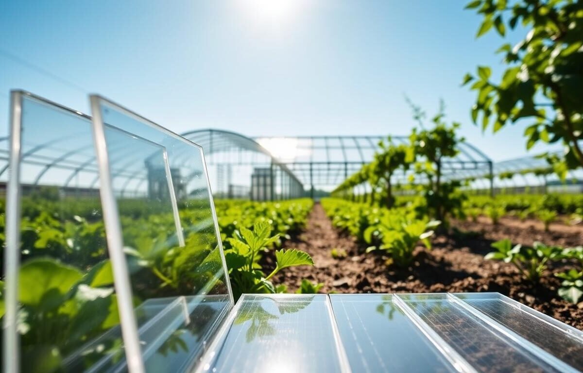 A close-up view of clear flat polycarbonate panels arranged in an agricultural setting, showcasing their transparency and durability. In the foreground, the panels glisten under bright, natural daylight, reflecting vibrant greenery. The middle ground features a modern greenhouse, emphasizing the structural benefits of using polycarbonate sheets. In the background, a sunny blue sky enhances the overall atmosphere of a productive farm environment. The scene is shot from a low angle to highlight the panels' unique properties, capturing the light filtering through them and creating intricate shadows on the ground. The mood is bright, optimistic, and focused on innovation in agricultural design.