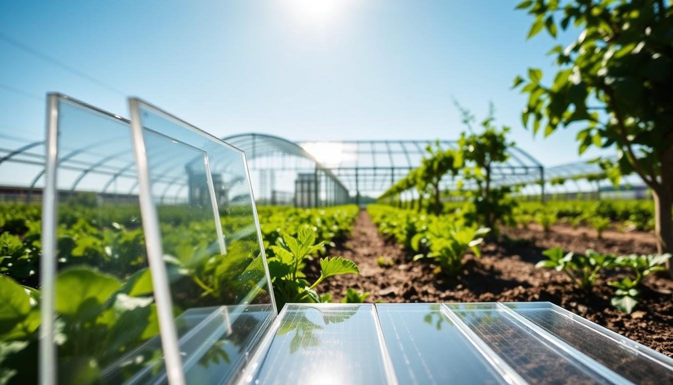 A close-up view of clear flat polycarbonate panels arranged in an agricultural setting, showcasing their transparency and durability. In the foreground, the panels glisten under bright, natural daylight, reflecting vibrant greenery. The middle ground features a modern greenhouse, emphasizing the structural benefits of using polycarbonate sheets. In the background, a sunny blue sky enhances the overall atmosphere of a productive farm environment. The scene is shot from a low angle to highlight the panels' unique properties, capturing the light filtering through them and creating intricate shadows on the ground. The mood is bright, optimistic, and focused on innovation in agricultural design.