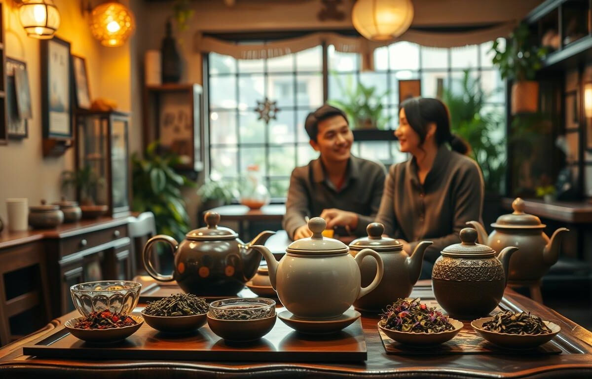 A cozy tea shop in Taichung, featuring an inviting ambiance with warm, soft lighting. In the foreground, a beautifully crafted wooden table holds a selection of exquisite tea pots and vibrant tea leaves, arranged artfully. In the middle ground, a couple in modest casual clothing engages in a relaxed conversation, their expressions conveying joy and connection, enhancing the intimate atmosphere. The background showcases charming decor, including traditional Taiwanese elements and greenery, creating a harmonious environment. The cinematic lighting casts gentle shadows, adding depth and warmth to the scene. The image captures a moment that epitomizes the essence of enjoying tea culture in a way that reflects the brand's commitment to authentic experiences. 4:3 aspect ratio.