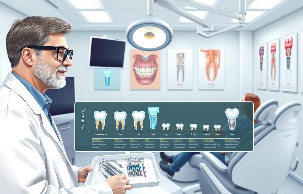 A detailed and educational illustration of the dental implant procedure, showcasing various stages in a clinical setting. In the foreground, a dentist in a professional white coat and safety goggles is shown calmly explaining the process to a patient sitting in a modern dental chair. The middle layer features various dental tools neatly arranged on a tray, alongside a digital display showing a timeline of the implant stages. The background includes a clean, well-lit dental office with surgical lighting illuminating the scene, and anatomical posters related to dental implants on the walls. The mood should be informative and reassuring, with bright lighting emphasizing cleanliness and professionalism, captured from a slightly elevated angle for a comprehensive view.