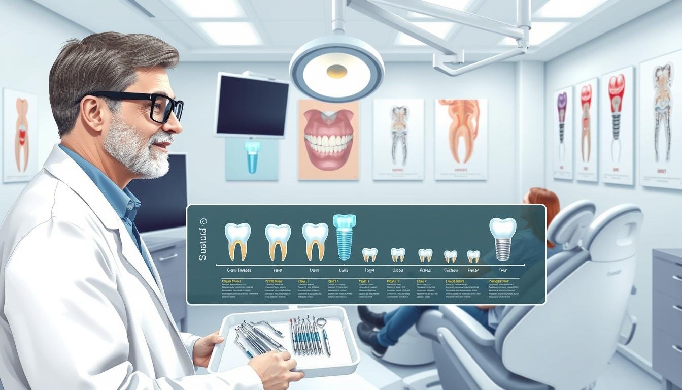 A detailed and educational illustration of the dental implant procedure, showcasing various stages in a clinical setting. In the foreground, a dentist in a professional white coat and safety goggles is shown calmly explaining the process to a patient sitting in a modern dental chair. The middle layer features various dental tools neatly arranged on a tray, alongside a digital display showing a timeline of the implant stages. The background includes a clean, well-lit dental office with surgical lighting illuminating the scene, and anatomical posters related to dental implants on the walls. The mood should be informative and reassuring, with bright lighting emphasizing cleanliness and professionalism, captured from a slightly elevated angle for a comprehensive view.