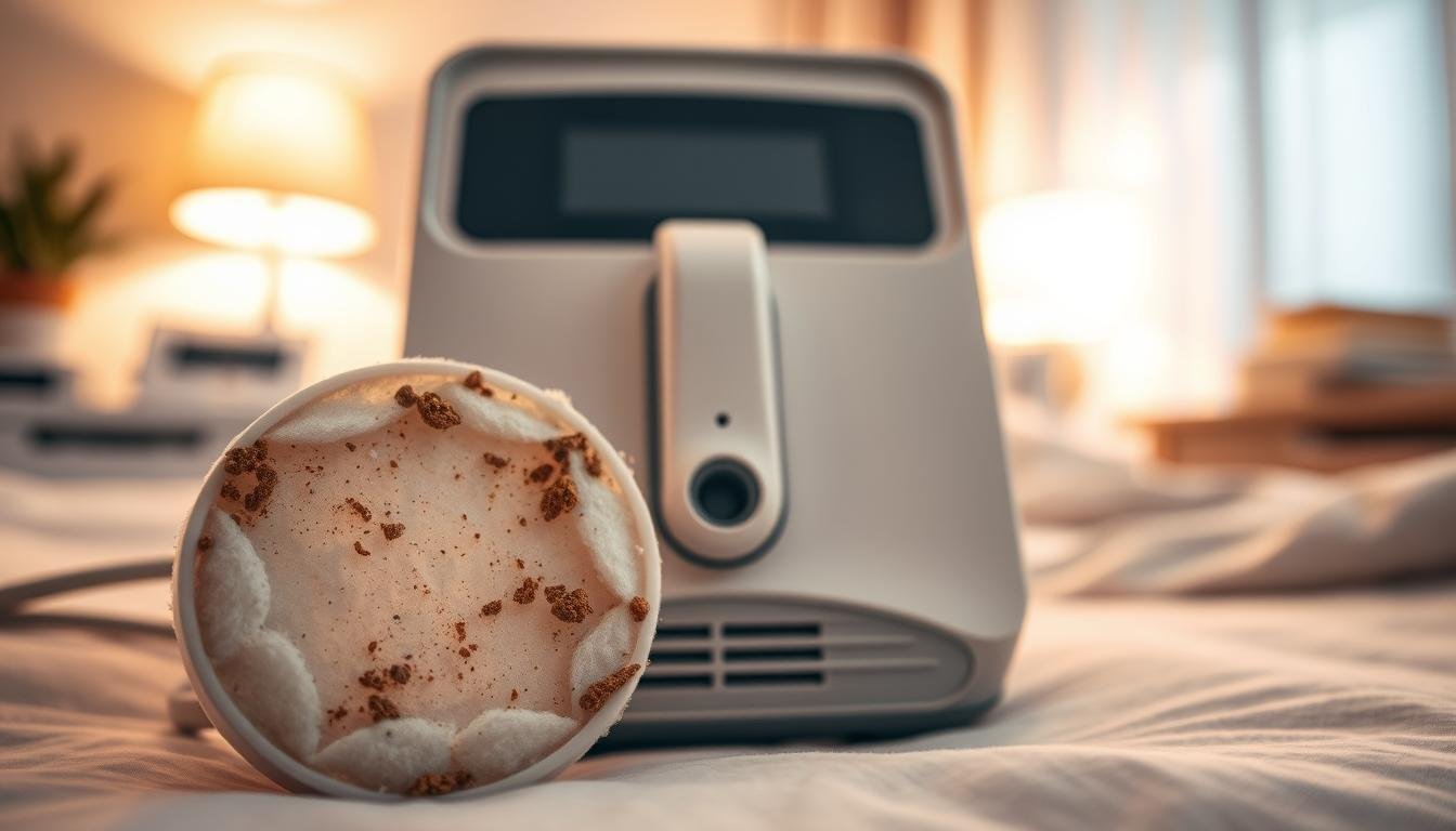 A detailed close-up of a used CPAP machine filter cotton, showcasing dirt and discoloration, illustrating the importance of regular replacement. In the foreground, the filter is prominently displayed, highlighting its texture and particles trapped within. The middle features a sleek CPAP machine with clear indicators of functionality, such as the air intake and filtration system. In the background, softly blurred medical equipment and a comforting bedroom ambiance create an atmosphere of care and well-being. The lighting is soft and warm, mirroring a peaceful sleep environment, with subtle shadows enhancing the details of the filter. This composition effectively conveys the necessity of clean air for sleep health.