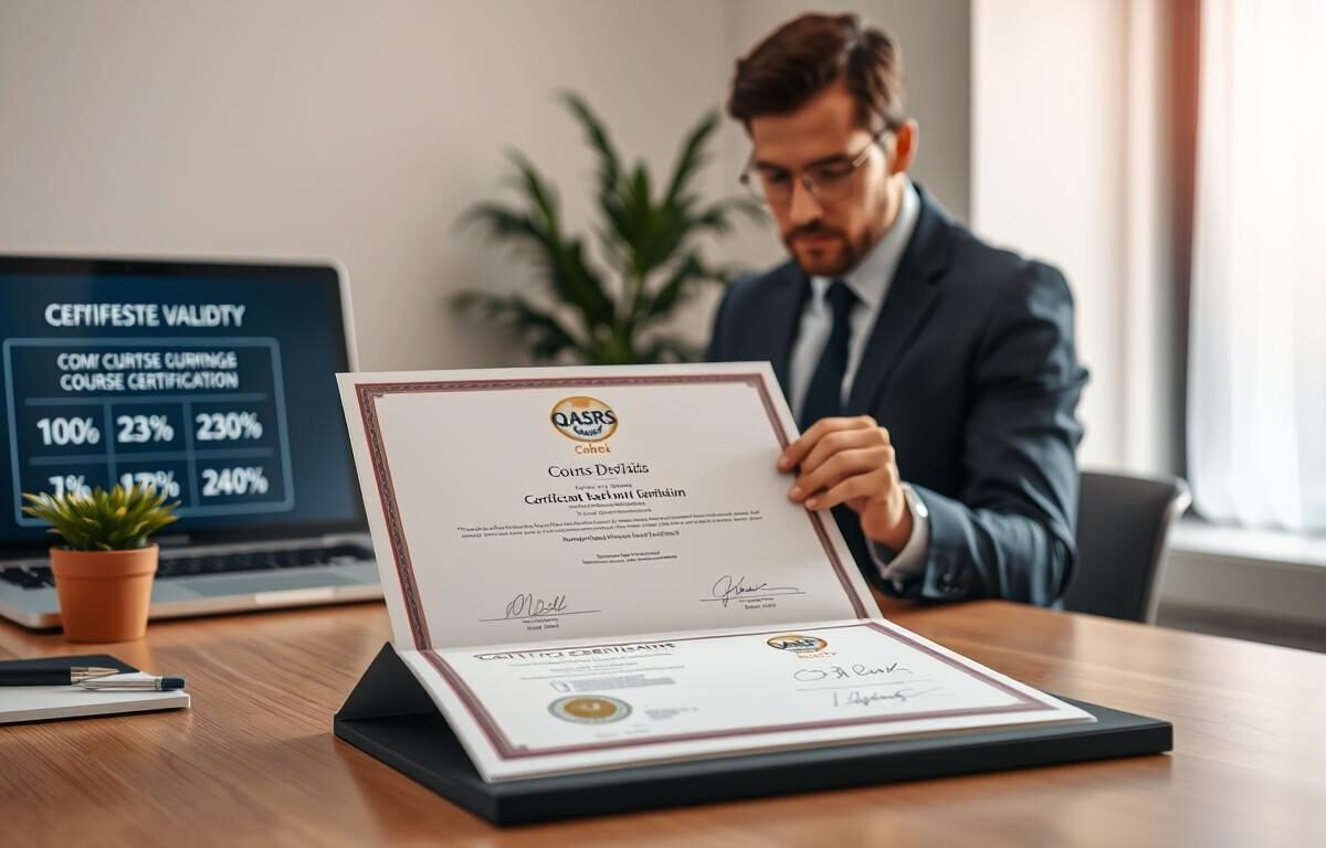 A modern office setting featuring a focused professional examining a QASRS course certificate on a sleek wooden desk. In the foreground, the certificate is prominently displayed, showcasing detailed graphics, such as official logos and signatures, surrounded by a few neatly organized stationery items. The middle ground includes a laptop displaying statistics about certificate validity, and a potted plant adding a touch of greenery. The background features a softly blurred window with natural light streaming in, creating a warm and inviting atmosphere. The professional, dressed in smart business attire, conveys a sense of diligence and seriousness, embodying the theme of compliance and validation within the context of course certifications.