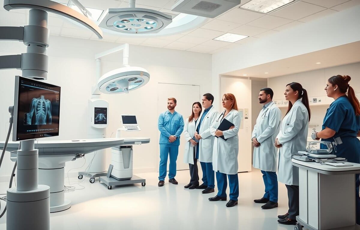 A modern, well-lit day surgery center focused on minimally invasive treatments. In the foreground, display a surgical room featuring advanced imaging equipment, such as a high-definition monitor and a robotic surgical assistant, all in pristine white and silver tones. In the middle ground, a group of medical professionals in professional attire—surgeons and nurses—confidently discussing patient care while examining imaging results on the screen. The background shows a clean, organized workstation with medical instruments and bright overhead lighting creating a sterile atmosphere. The scene conveys professionalism, precision, and innovation in healthcare. Soft, warm lighting enhances the welcoming feel of the medical center, emphasizing a sense of trust and efficiency.