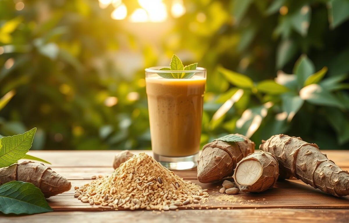 A serene and inviting scene showcasing the benefits of maca for women's hormonal balance. In the foreground, vibrant, fresh maca roots and powder are artistically arranged on a wooden surface, with soft, diffused lighting highlighting their rich textures. In the middle, a glass of maca smoothie, beautifully garnished with green leaves and seeds, symbolizes health and vitality. Surrounding this, a backdrop of lush greenery suggests natural wellness and harmony. The atmosphere conveys calmness and rejuvenation, with a warm, golden hour light filtering through, casting gentle shadows. The overall composition focuses on the essence of women's wellness through the nourishing properties of maca, emphasizing a holistic approach to health.