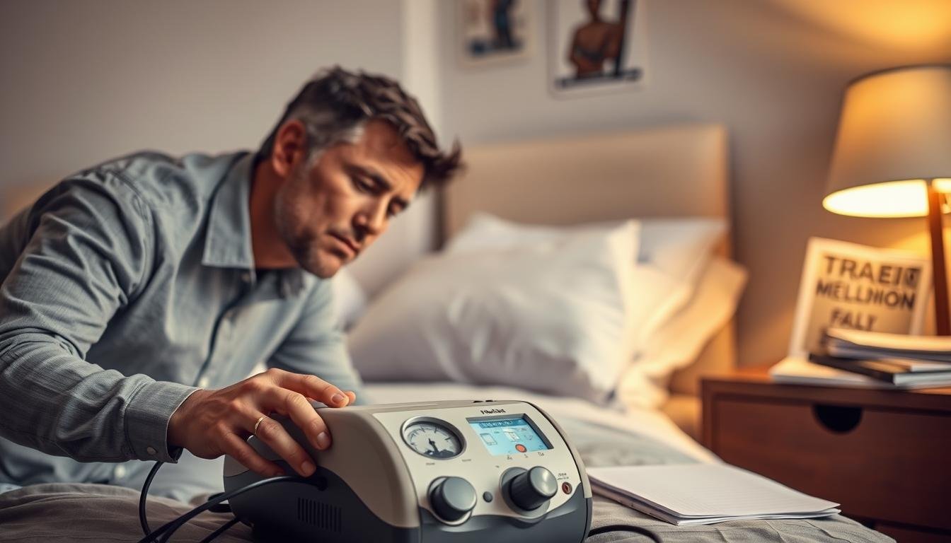 A serene bedroom environment featuring a concerned individual analyzing a sleep apnea machine, focusing on the pressure gauge. In the foreground, the user, dressed in modest casual clothing, leans over the device with a thoughtful expression. The middle ground shows the sleep apnea machine with clear visibility of its controls and pressure readings, while a soft, diffused light illuminates the scene, creating a calm atmosphere. In the background, a softly lit bedside table adorned with medical literature and a notepad, hinting at the importance of understanding equipment. The overall mood is educational and reassuring, with warm tones to emphasize a safe space for health discussions.