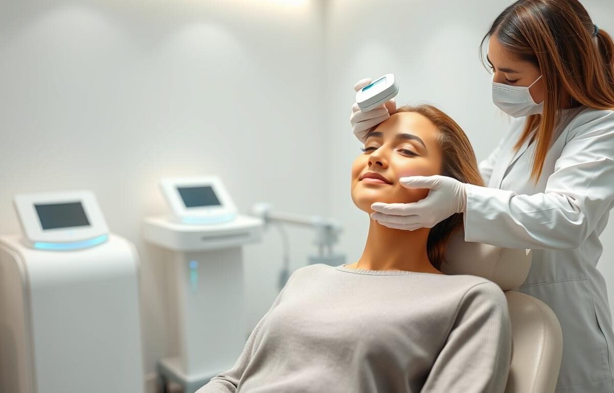 A serene, clean clinic environment showcasing a professional, modern aesthetic for a pico laser treatment session. In the foreground, a patient in modest clothing is comfortably seated on a treatment chair, looking relaxed and hopeful. A skilled clinician, dressed in professional attire, is gently using a pico laser device on the patient's facial skin, focusing on blemished areas. The middle ground features advanced medical equipment, with a soothing color palette of soft whites and light blues to create a calm atmosphere. The background displays minimalistic decor, with soft lighting that enhances the serene mood, emphasizing a safe, inviting space for skincare treatments. The image captures the transformative effect of pico laser therapy while maintaining professionalism and respect for patient dignity.