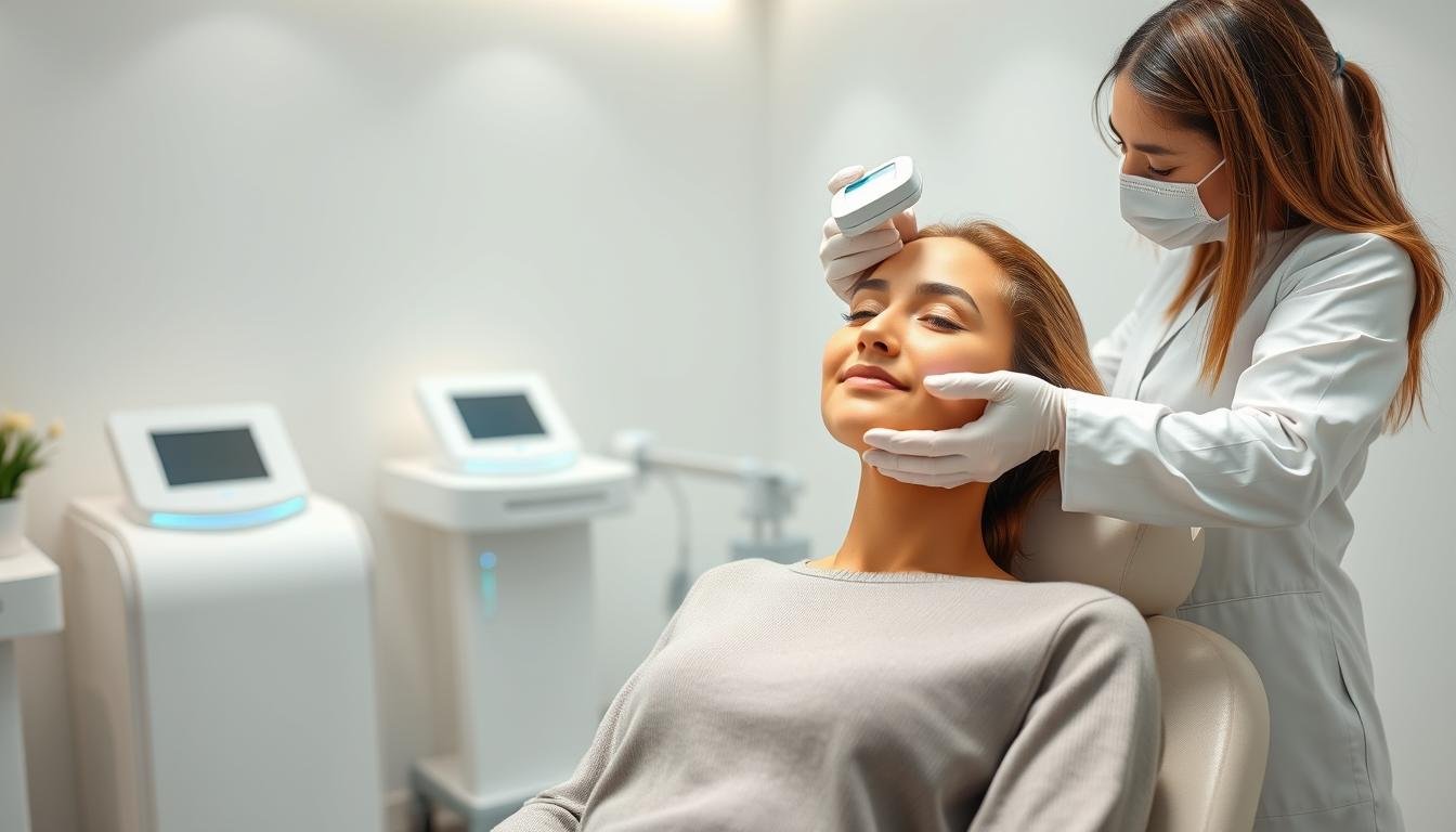 A serene, clean clinic environment showcasing a professional, modern aesthetic for a pico laser treatment session. In the foreground, a patient in modest clothing is comfortably seated on a treatment chair, looking relaxed and hopeful. A skilled clinician, dressed in professional attire, is gently using a pico laser device on the patient's facial skin, focusing on blemished areas. The middle ground features advanced medical equipment, with a soothing color palette of soft whites and light blues to create a calm atmosphere. The background displays minimalistic decor, with soft lighting that enhances the serene mood, emphasizing a safe, inviting space for skincare treatments. The image captures the transformative effect of pico laser therapy while maintaining professionalism and respect for patient dignity.