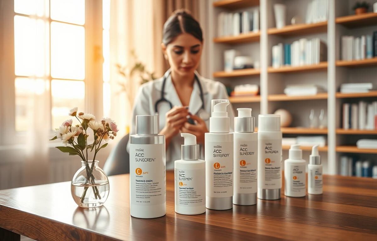 A stylish dermatologist's office setting, featuring a wooden table elegantly arranged with various high-end sunscreen products specifically recommended for sensitive, mature skin. The foreground includes a well-designed sunscreen bottle with embellishments illustrating its antioxidant-rich formula and serum-like texture, carefully placed next to a small vase with fresh flowers. In the middle ground, a professional-looking female dermatologist in modest attire examines the products, showcasing a confident and knowledgeable demeanor. The softly lit room with warm, natural light filters through a nearby window, creating a calm and inviting atmosphere. In the background, shelves lined with skincare books and additional products complete the professional environment, reinforcing the theme of comprehensive skincare for aging skin.