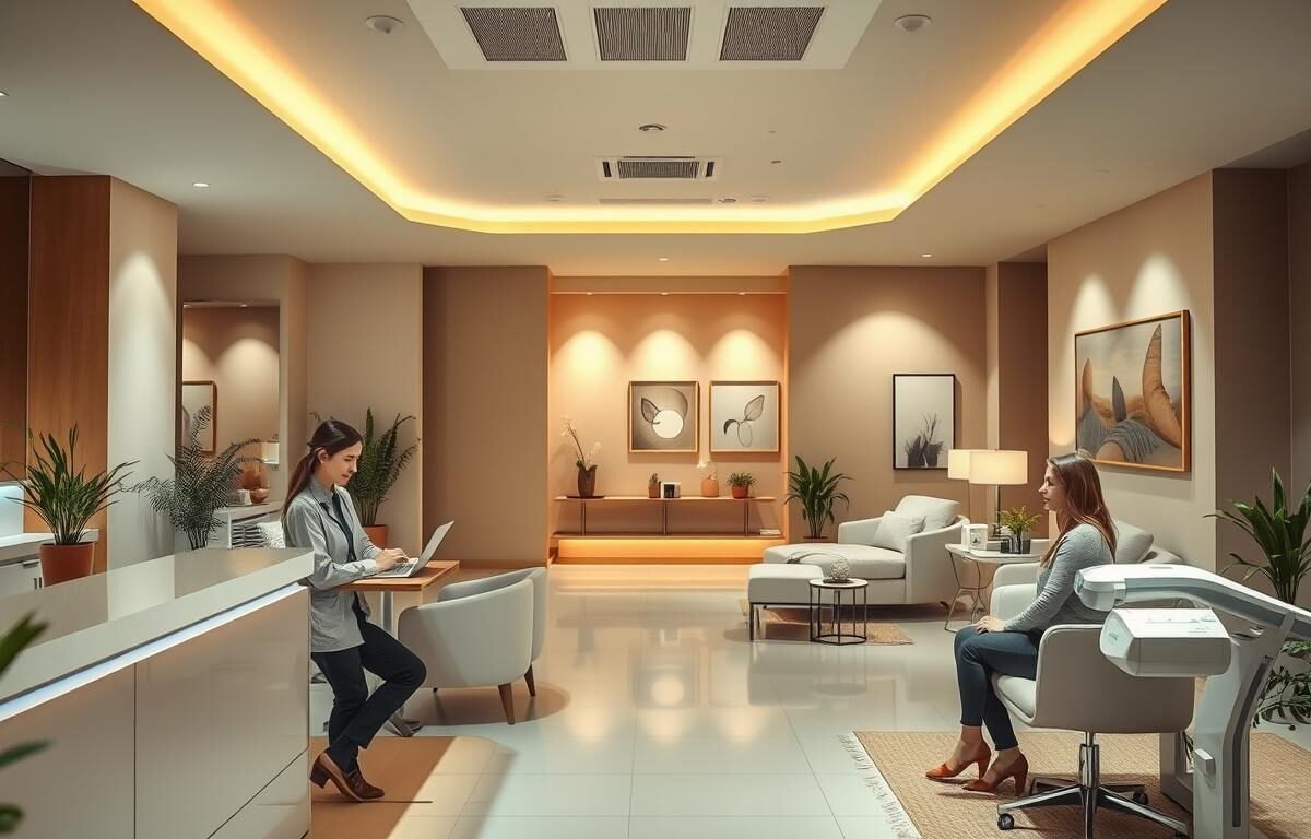 A modern, welcoming hair removal clinic interior, featuring a sleek reception area with soothing neutral tones. In the foreground, a professional technician in smart casual attire is consulting with a client at a consultation table, discussing treatment expectations. The client appears relaxed and attentive. In the middle ground, there are comfortable treatment rooms with soft lighting and calming decor, including plants and artwork. The background includes a serene atmosphere with subtle color gradients, promoting a feeling of comfort and safety. The lighting is warm and inviting, enhancing a sense of tranquility. Capture the essence of a professional hair removal service that emphasizes a gentle, effective experience, without any invasive or discomforting visual elements.