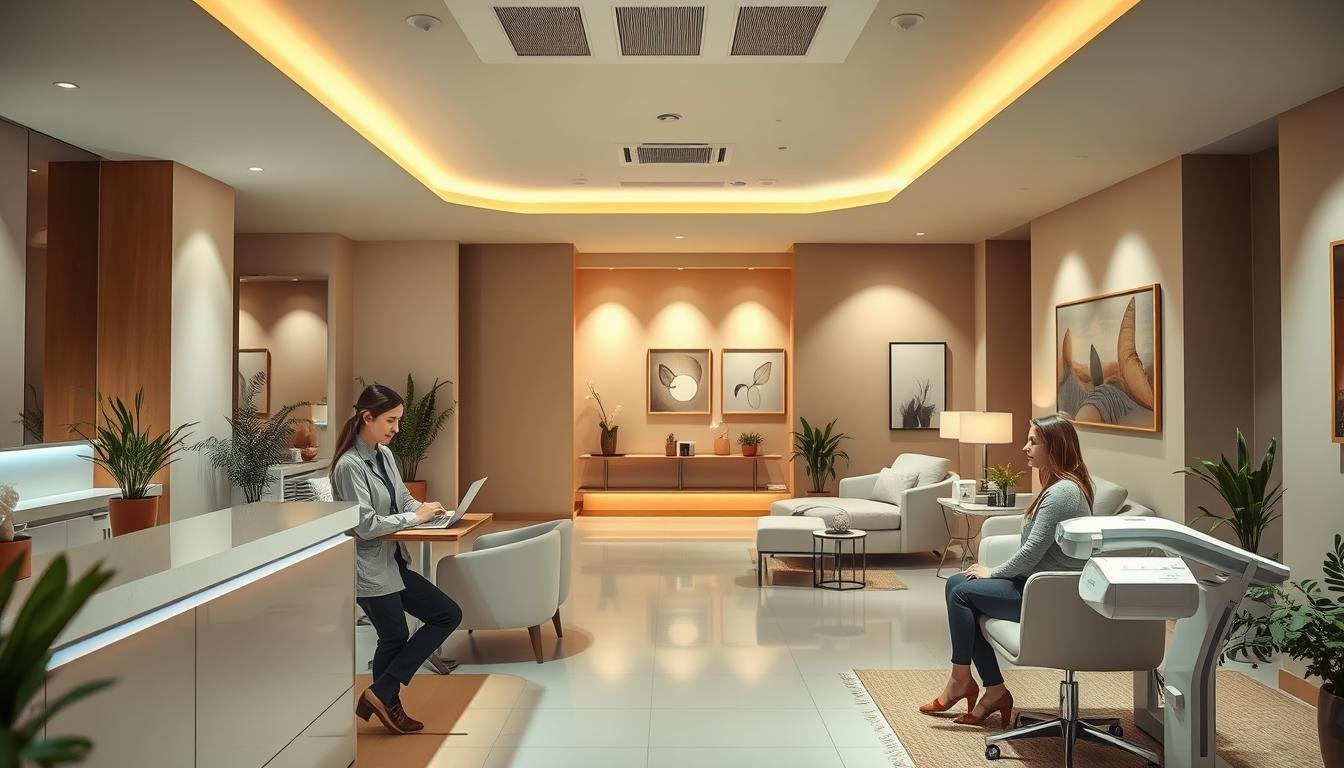 A modern, welcoming hair removal clinic interior, featuring a sleek reception area with soothing neutral tones. In the foreground, a professional technician in smart casual attire is consulting with a client at a consultation table, discussing treatment expectations. The client appears relaxed and attentive. In the middle ground, there are comfortable treatment rooms with soft lighting and calming decor, including plants and artwork. The background includes a serene atmosphere with subtle color gradients, promoting a feeling of comfort and safety. The lighting is warm and inviting, enhancing a sense of tranquility. Capture the essence of a professional hair removal service that emphasizes a gentle, effective experience, without any invasive or discomforting visual elements.