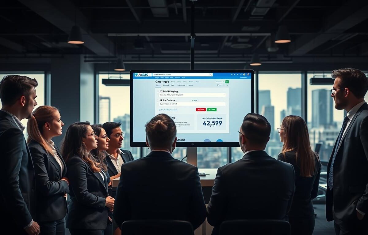 A professional setting illustrating the concept of overcoming checkout address restrictions with a U.S. purchasing service. In the foreground, a diverse group of professionals, dressed in smart business attire, are engaged in a discussion around a computer displaying a U.S. e-commerce website. In the middle, a large, vivid screen highlights the features of the service, showcasing international shipping options and address entry fields. The background includes a bustling office environment with modern decor, large windows letting in natural light, and a view of city skyscrapers. The atmosphere conveys a sense of empowerment and innovation, suggesting breakthrough solutions in online shopping. Dramatic lighting enhances the focus on the professionals and the computer screen, creating a dynamic and inspiring scene.