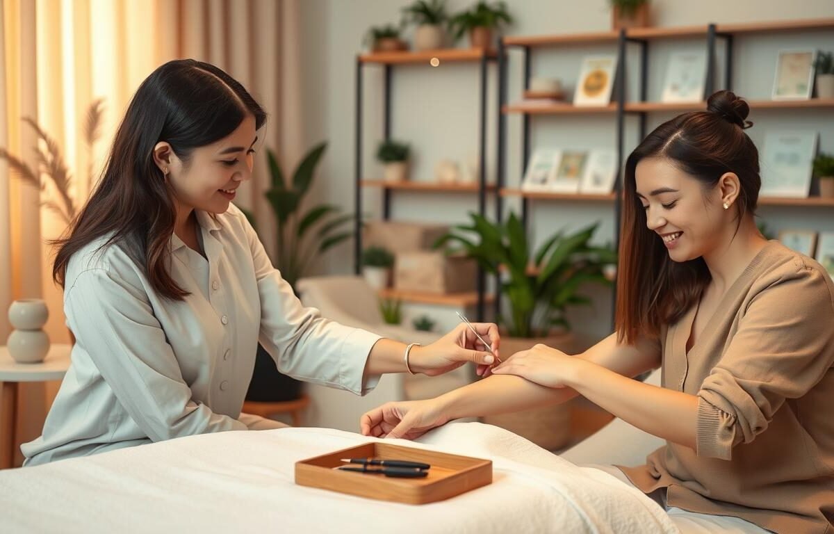 A serene acupuncture clinic interior focused on treating eczema, featuring a professional, calming atmosphere. In the foreground, a skilled acupuncturist in modest, professional attire gently applies acupuncture needles to the arm of a patient sitting comfortably on a treatment table. The patient appears relaxed, with a look of contentment on their face. In the middle, traditional Chinese acupuncture tools are neatly arranged on a side table, surrounded by soothing decor like potted plants and soft, ambient light filtering through sheer curtains. In the background, shelves filled with herbal remedies and educational materials about eczema treatment are visible. The overall lighting is warm and inviting, creating a mood of healing and tranquility.