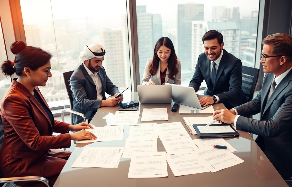 A professional office setting, showcasing a diverse group of individuals engaged in a discussion about "高才通續簽" preparation. In the foreground, a South Asian woman in a smart business outfit is reviewing documents spread out on a sleek conference table, while a Middle-Eastern man in a tailored suit attentively listens. In the middle ground, a Chinese woman and a Caucasian man, both dressed in business casual attire, are using a laptop to research information, surrounded by paperwork and stationery. The background features an expansive window with cityscape views, providing natural light that creates a warm, focused atmosphere. The image conveys a mood of collaboration, professionalism, and determination, emphasizing the importance of thorough documentation in the application process.