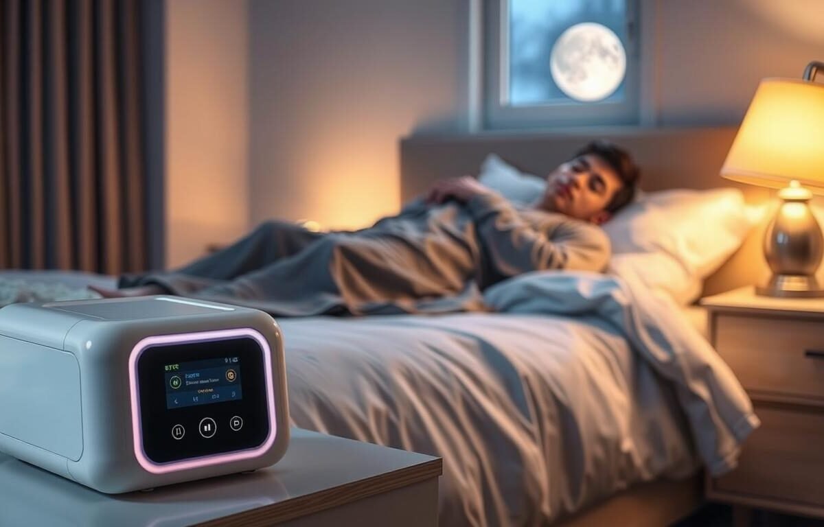 A serene bedroom scene depicting a modern sleep apnea machine featuring EPR (Expiratory Pressure Relief) technology designed to enhance breathing comfort. In the foreground, the sleek device sits on a bedside table, illuminated softly by a warm bedside lamp, showcasing its user-friendly interface and display. In the middle ground, a person dressed in modest, casual sleepwear peacefully rests in bed, with a comfortable blanket pulled up to their chest, demonstrating the ease of use of the machine. The background features a calming bedroom ambiance with soothing colors, gentle lighting, and a window slightly open to let in soft moonlight. The overall mood is tranquil and reassuring, emphasizing comfort and restful sleep enhanced by innovative technology.