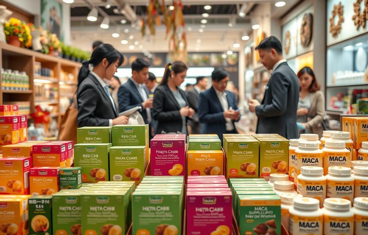A vibrant and professional scene depicting a modern marketplace showcasing popular maca brands preferred by Hong Kong consumers. In the foreground, feature colorful, neatly arranged product displays of maca supplements in attractive packaging, emphasizing boxes and bottles. In the middle ground, include diverse shoppers engaging with the products, dressed in professional business attire, exploring the offerings. The background should depict a clean, well-lit marketplace ambiance, filled with subtle decorations related to health and wellness. Soft, warm lighting creates an inviting atmosphere, with a focus on the products to draw attention. The angle captures the excitement and variety of choices available, reflecting the consumer interest in maca products.