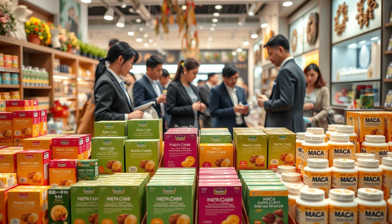 A vibrant and professional scene depicting a modern marketplace showcasing popular maca brands preferred by Hong Kong consumers. In the foreground, feature colorful, neatly arranged product displays of maca supplements in attractive packaging, emphasizing boxes and bottles. In the middle ground, include diverse shoppers engaging with the products, dressed in professional business attire, exploring the offerings. The background should depict a clean, well-lit marketplace ambiance, filled with subtle decorations related to health and wellness. Soft, warm lighting creates an inviting atmosphere, with a focus on the products to draw attention. The angle captures the excitement and variety of choices available, reflecting the consumer interest in maca products.