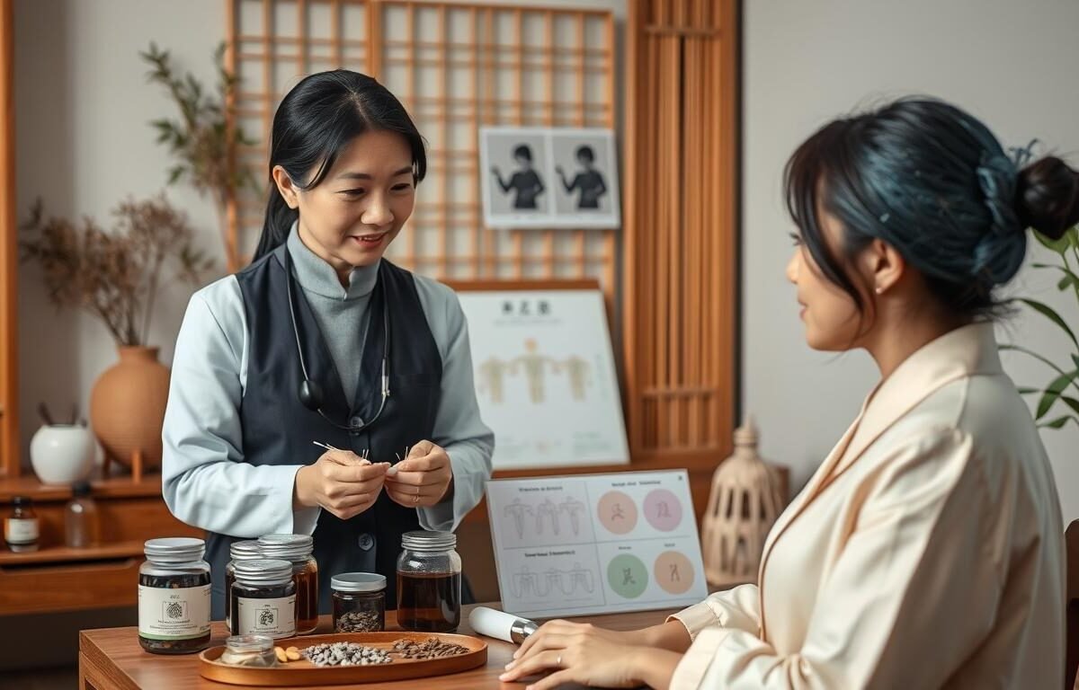 An educational and informative setting showcasing Traditional Chinese Medicine (TCM) diagnosis for Polycystic Ovary Syndrome (PCOS). In the foreground, a professional TCM practitioner in modest, professional attire, examining a female patient with a gentle expression. The practitioner holds acupuncture needles and is surrounded by herbal medicine jars. In the middle, a wooden table displaying traditional diagnostic tools like pulse diagnosis instruments and charts illustrating menstrual cycles and hormonal balance. The background features a serene clinic ambiance with bamboo decor and soft, natural lighting. The atmosphere should convey calmness and professionalism, highlighting the importance of TCM in diagnosing and treating PCOS. The use of a slightly soft focus lens enhances the tranquil mood of the scene.